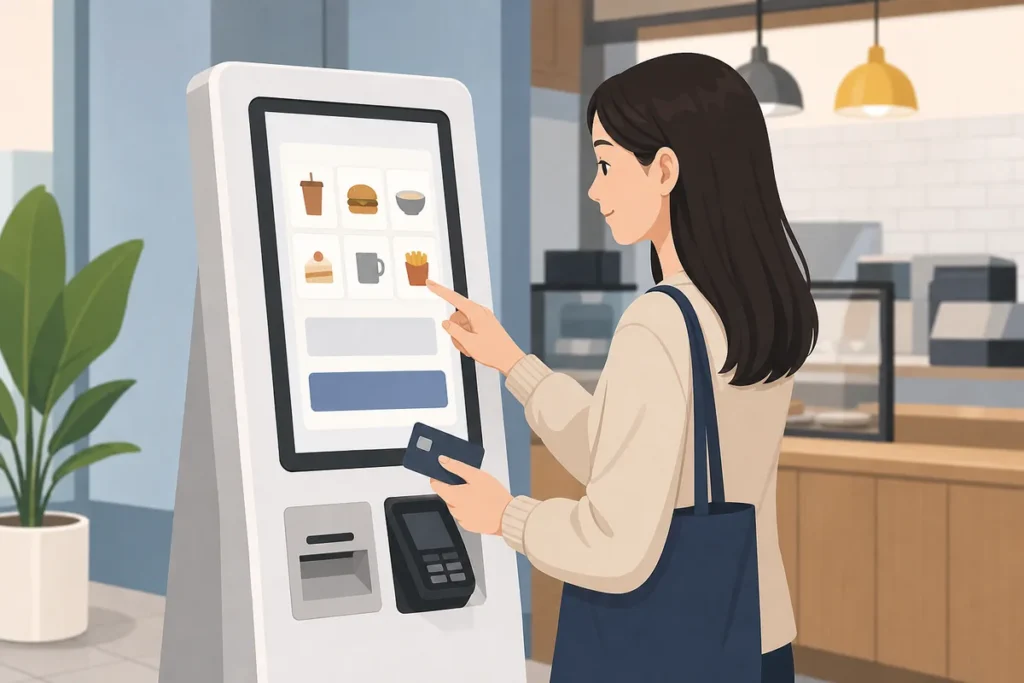 kiosk in korea guide showing a foreign visitor using a touchscreen ordering machine in Korea
