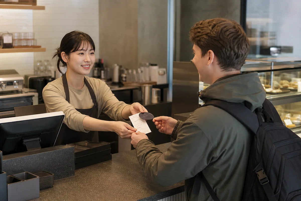 korean cafe payment at a staffed counter with a foreign visitor paying by card