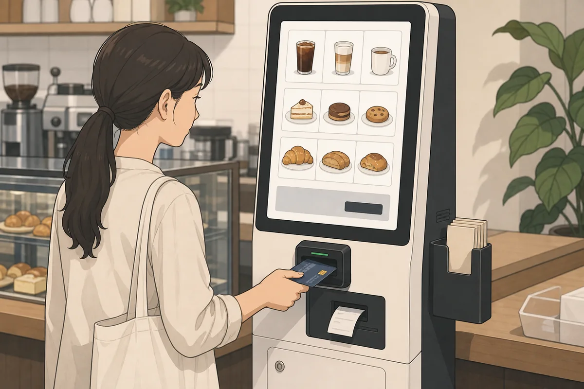 self-order kiosk for korean cafe payment showing menu selection and card payment