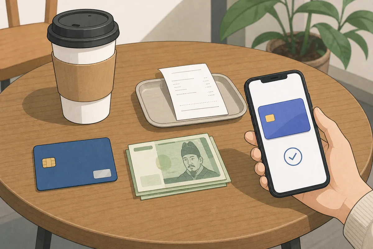 cash card and mobile wallet options for korean cafe payment on a small table