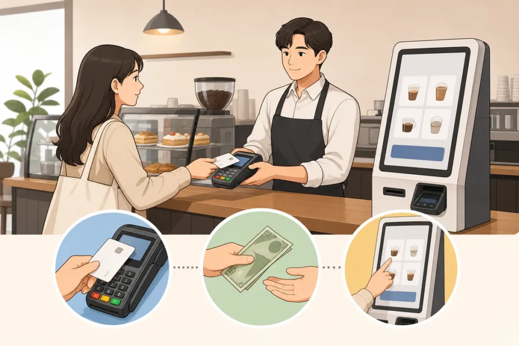 korean cafe payment at a counter with receipt and order number