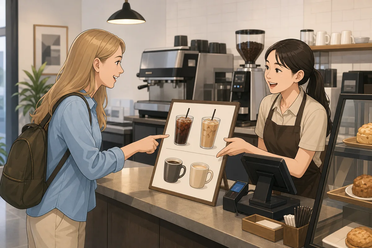 korean cafe phrases showing iced, hot, takeout, and buzzer meanings at the counter