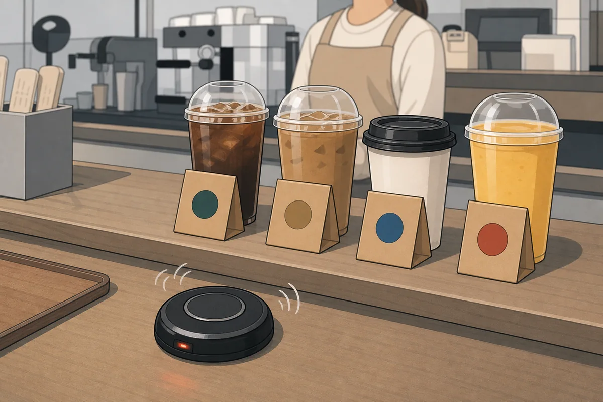 pickup counter with a 진동벨 buzzer and order numbers for korean cafe phrases