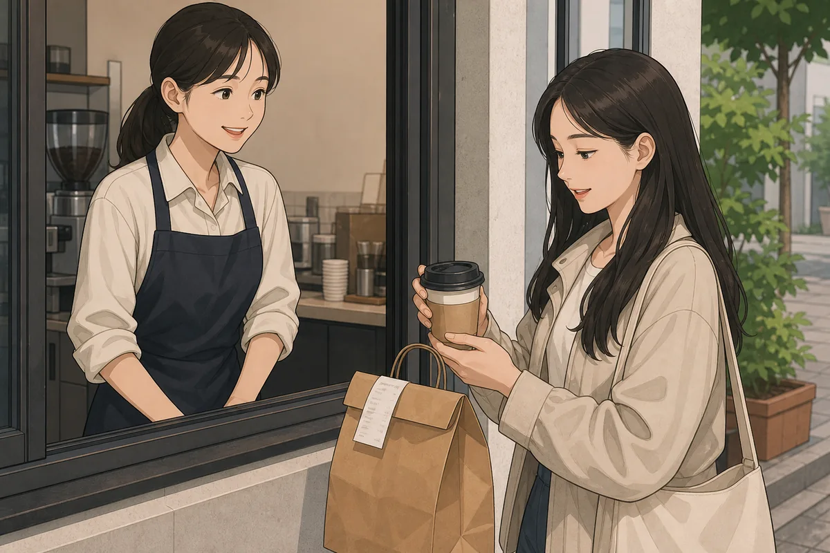takeout coffee with receipt and cup lid for korean cafe phrases