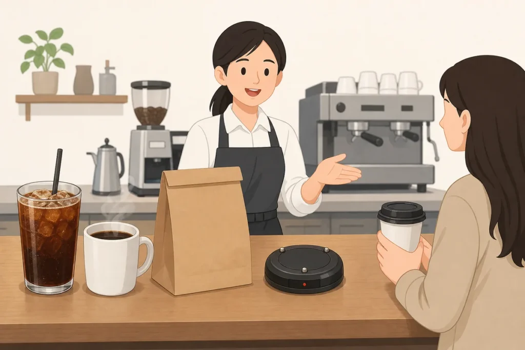 korean cafe phrases for ordering iced or hot drinks at a Korean cafe counter