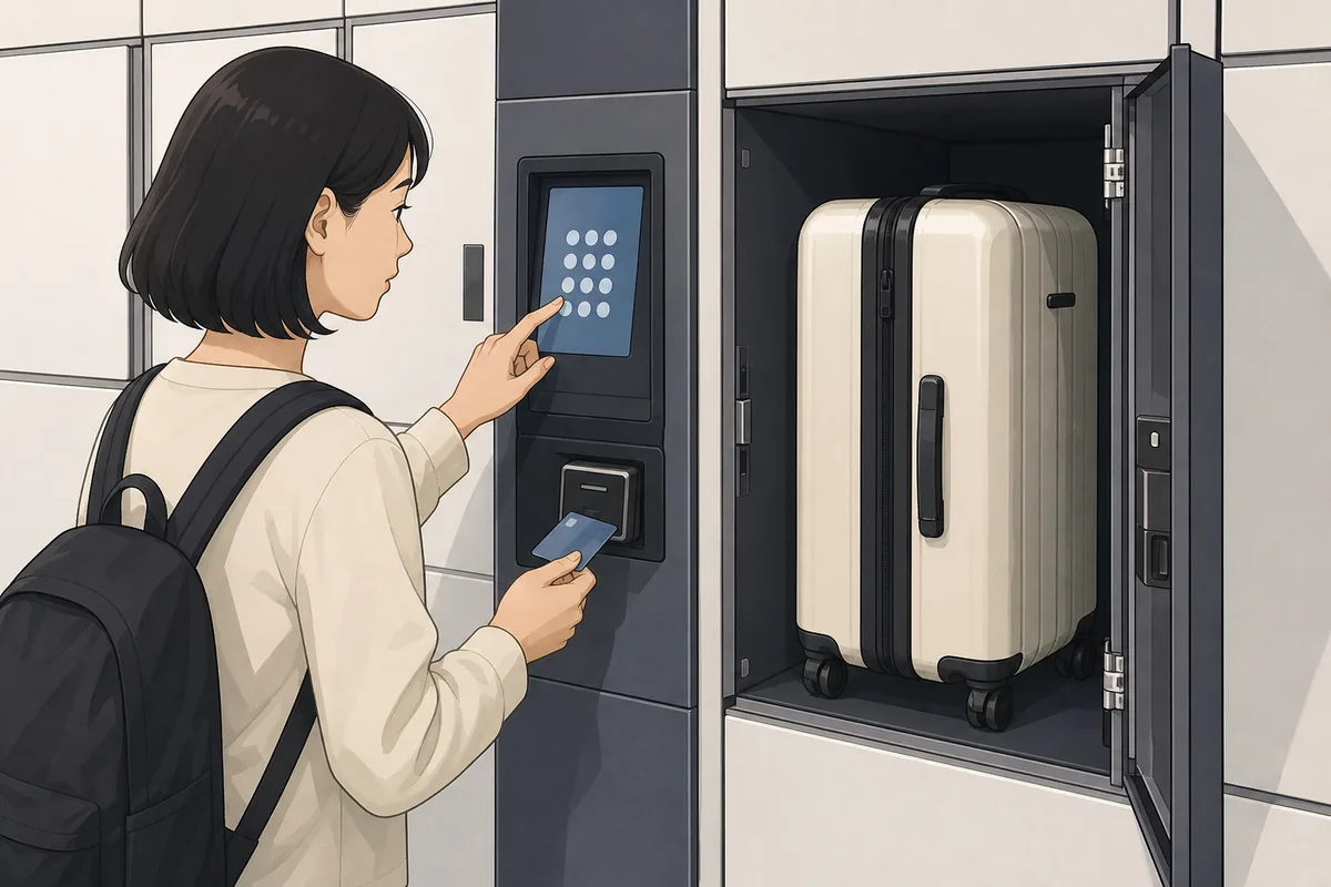 Traveler using a touchscreen to pay for korean coin lockers and store a suitcase