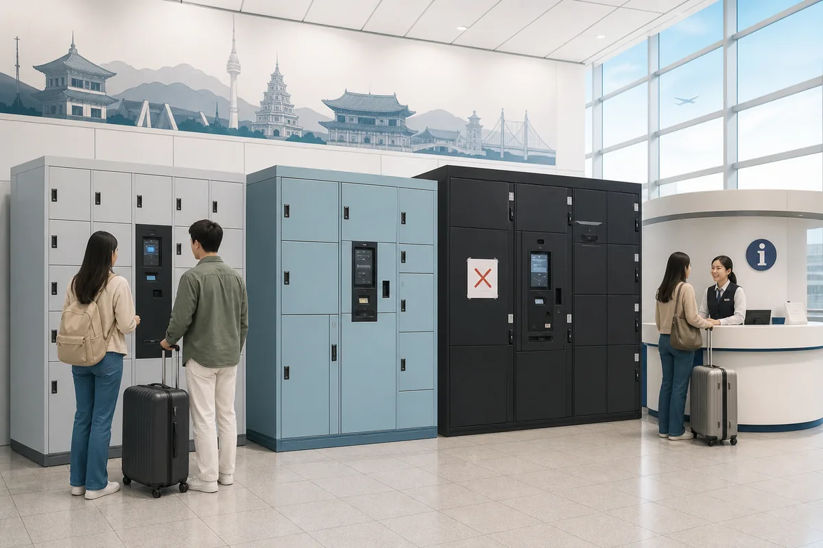 Airport locker area showing korean coin lockers, an out-of-service notice, and help desk nearby