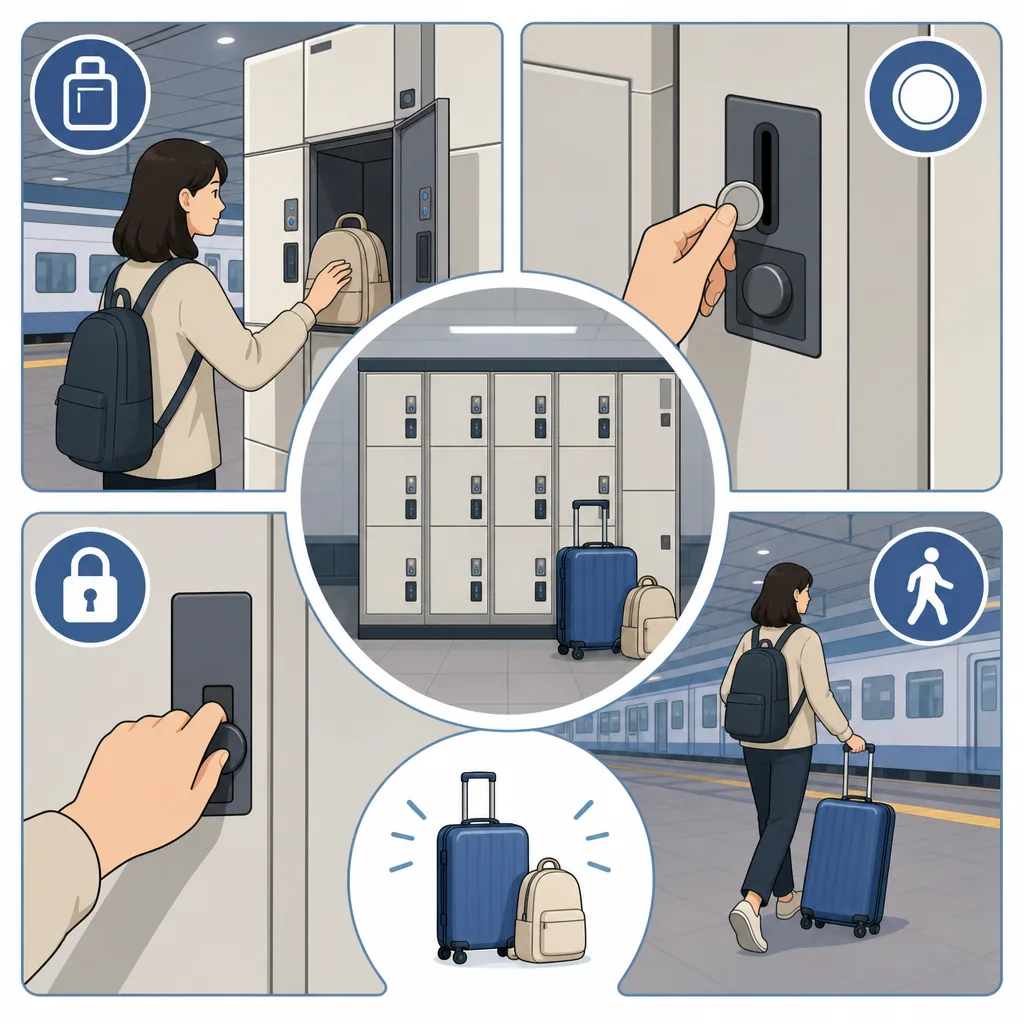 korean coin lockers guide showing locations, sizes, payment methods, and retrieval steps