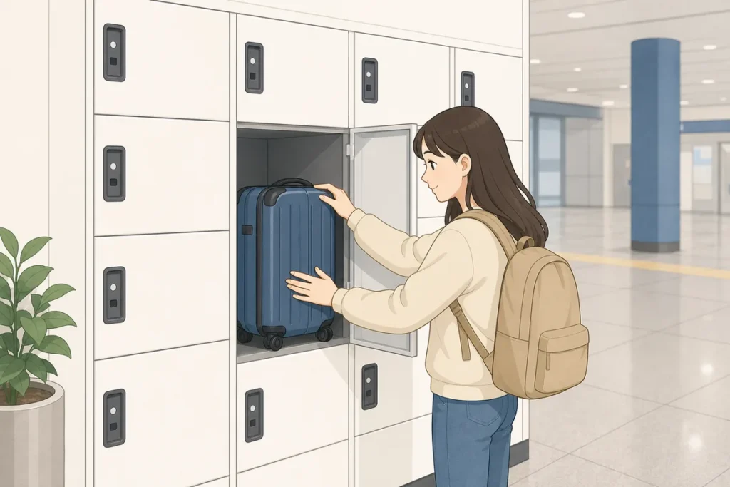korean coin lockers at a Korean station with size labels and traveler luggage