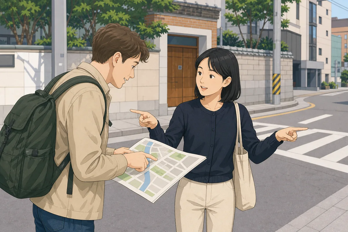 Traveler using Korean directions phrases on a phone while pointing left and right at a street corner