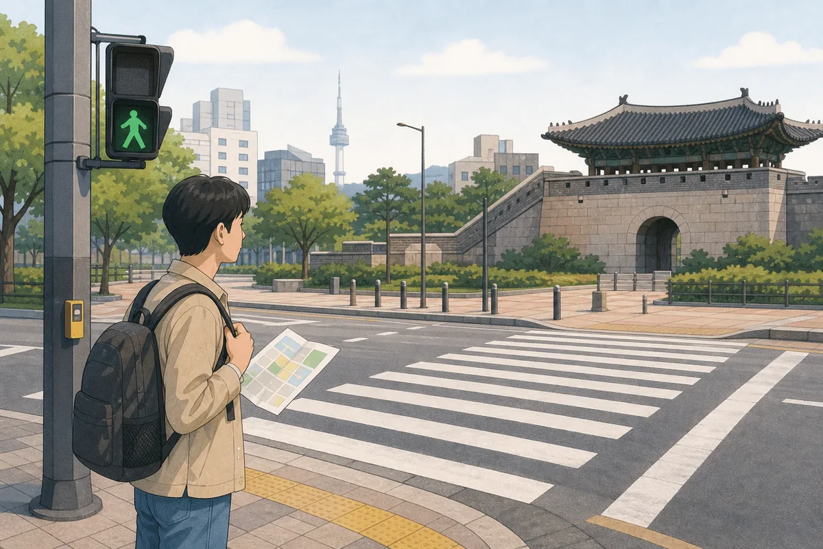 Pedestrian crosswalk scene showing Korean directions phrases for crossing the street and checking walking distance