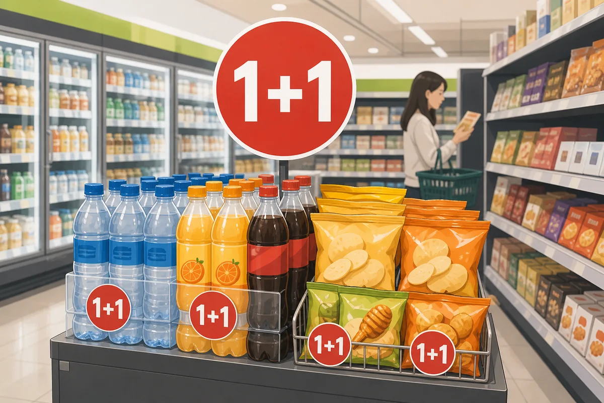 A supermarket shelf label using korean discount signs with a 1+1 offer on drinks and snacks