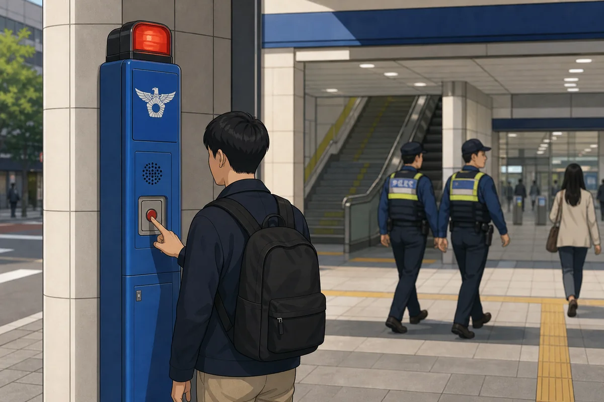 traveler showing a phone screen with korean emergency numbers and help phrases