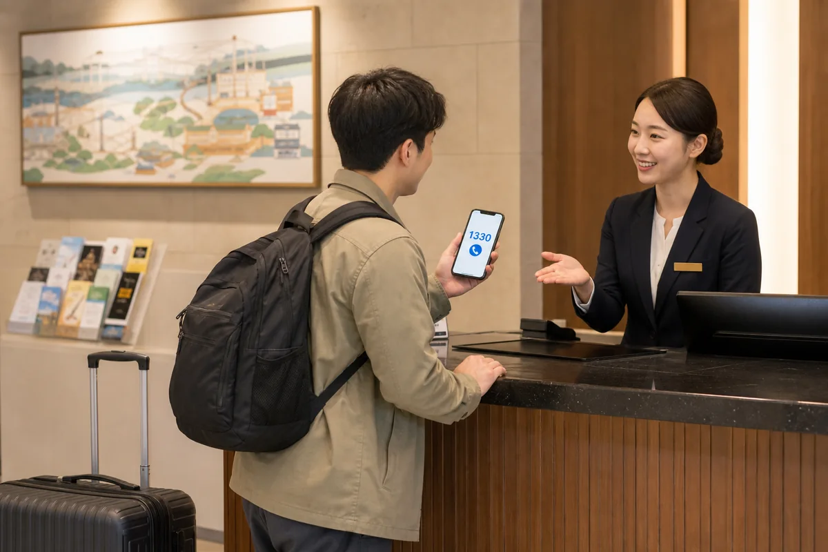 tourist information desk with 1330 number and korean emergency numbers guide