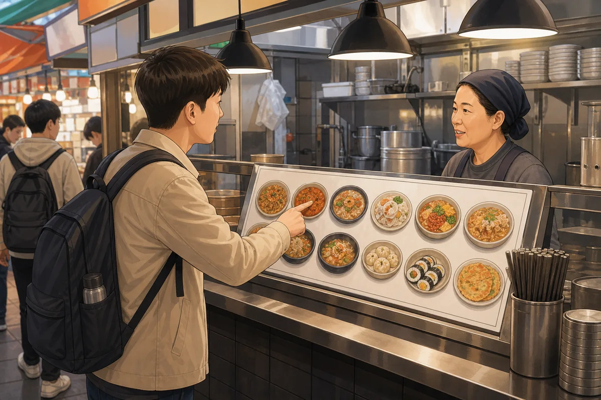 korean food markets work korean food markets counter where a traveler orders and points to dishes on a menu