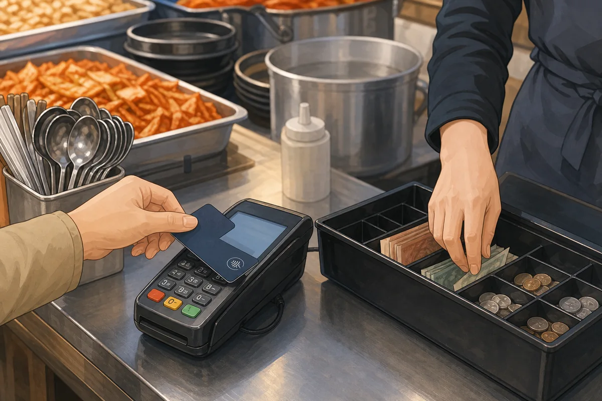 card terminal and cash tray at a korean food markets stall with payment before cooking