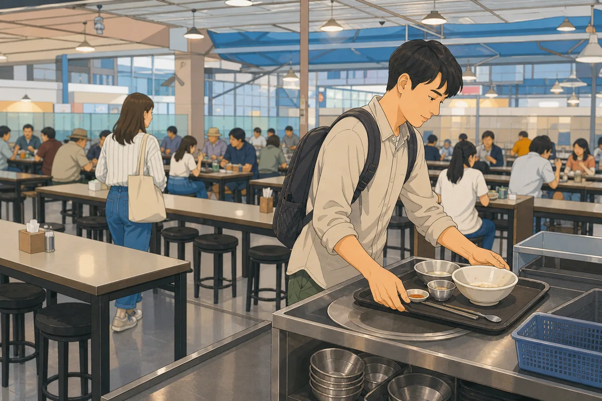 shared seating area in korean food markets with open tables and self-service dining