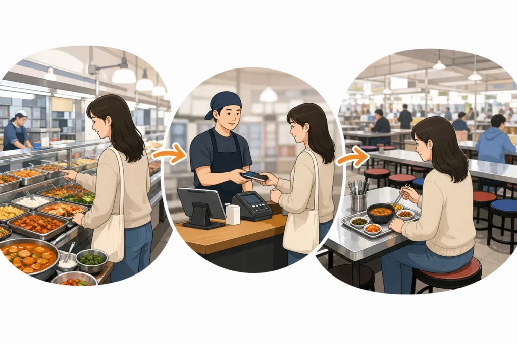 korean food markets work korean food markets guide showing ordering, paying, and shared seating at a market stall