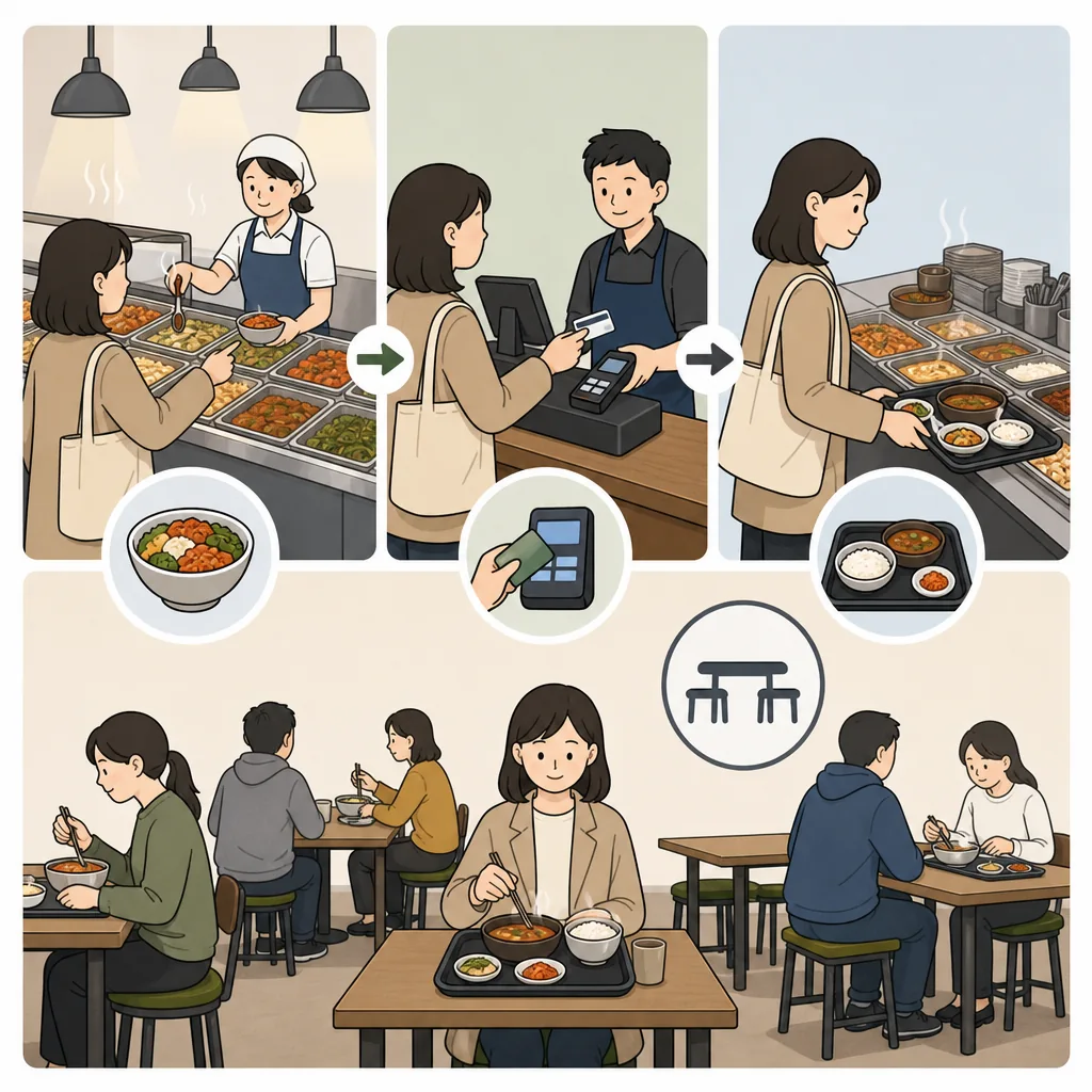 Step-by-step infographic for korean food markets: choose stall, order, pay, then find a seat