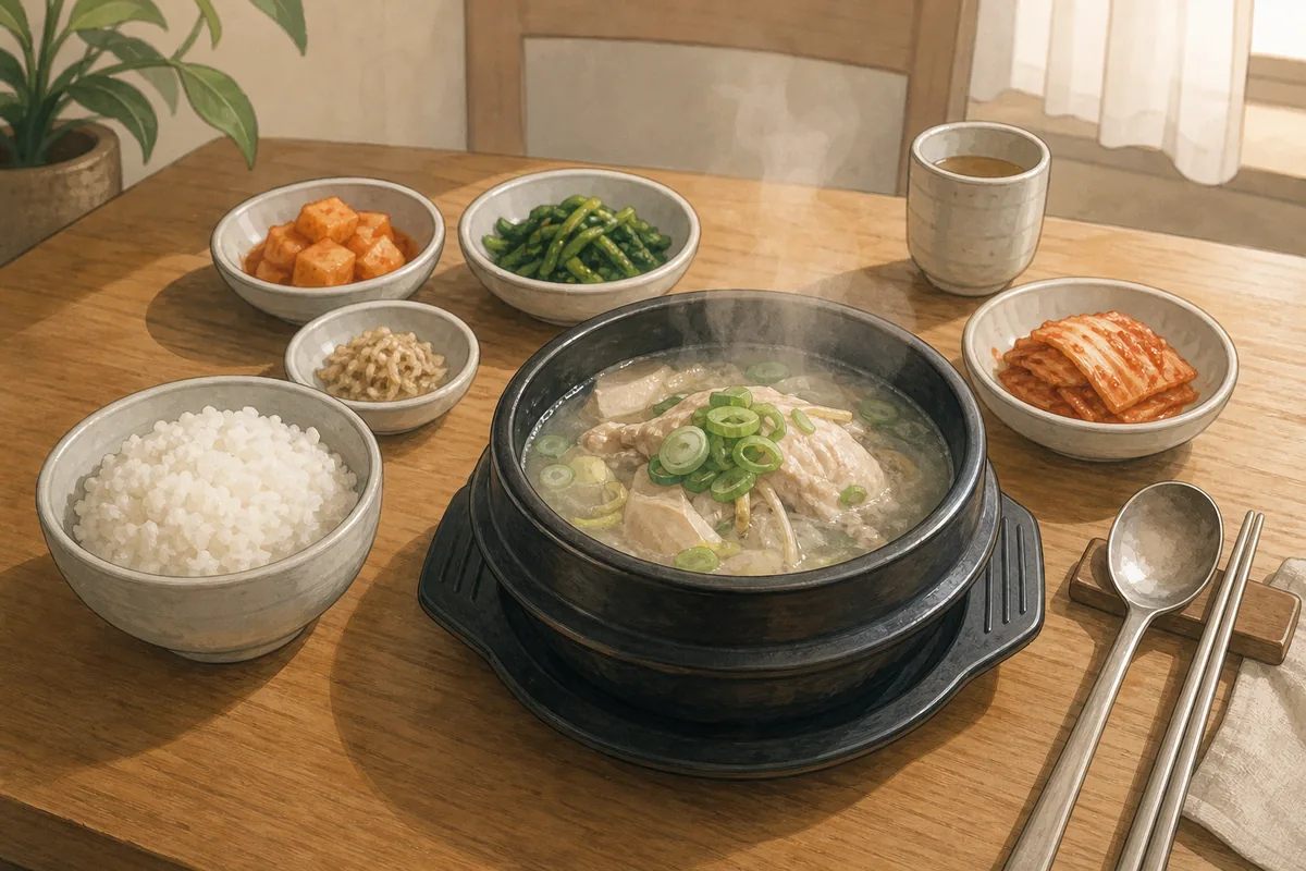 Korean food not always spicy: a typical mild everyday meal with soup, rice, and side dishes on a wooden table
