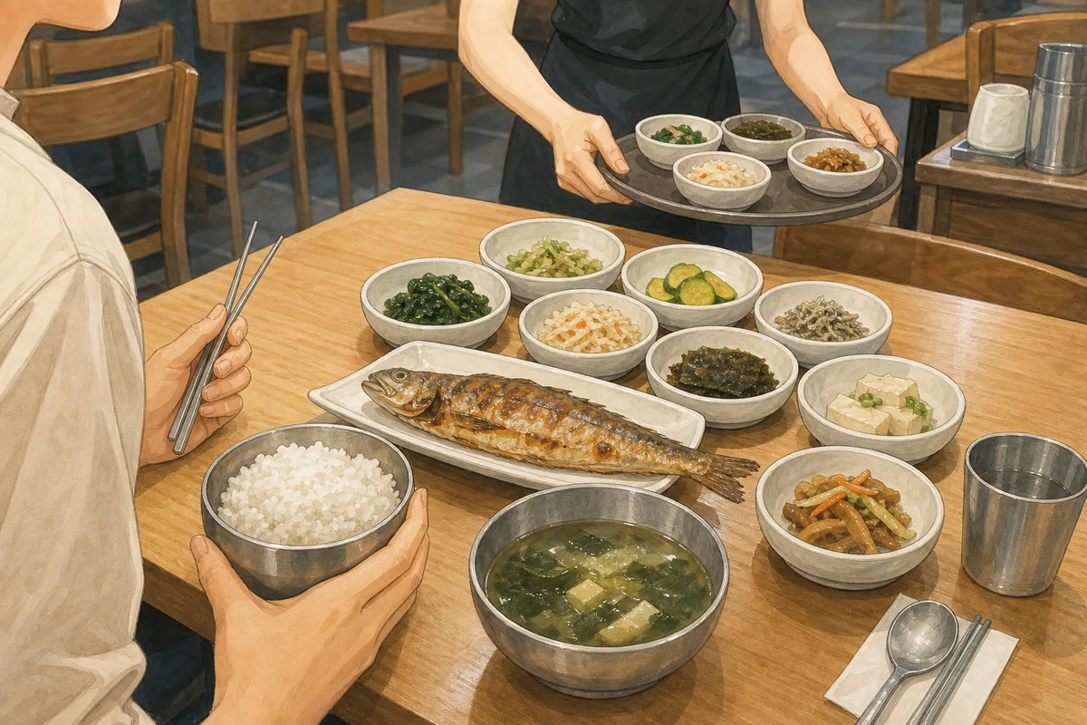 Korean food not always spicy: a baekban set meal with rice, mild soup, and several small side dishes on a cafeteria-style tray