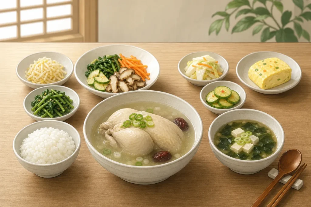 Korean food not always spicy: a typical mild everyday meal with soup, rice, and side dishes on a wooden table