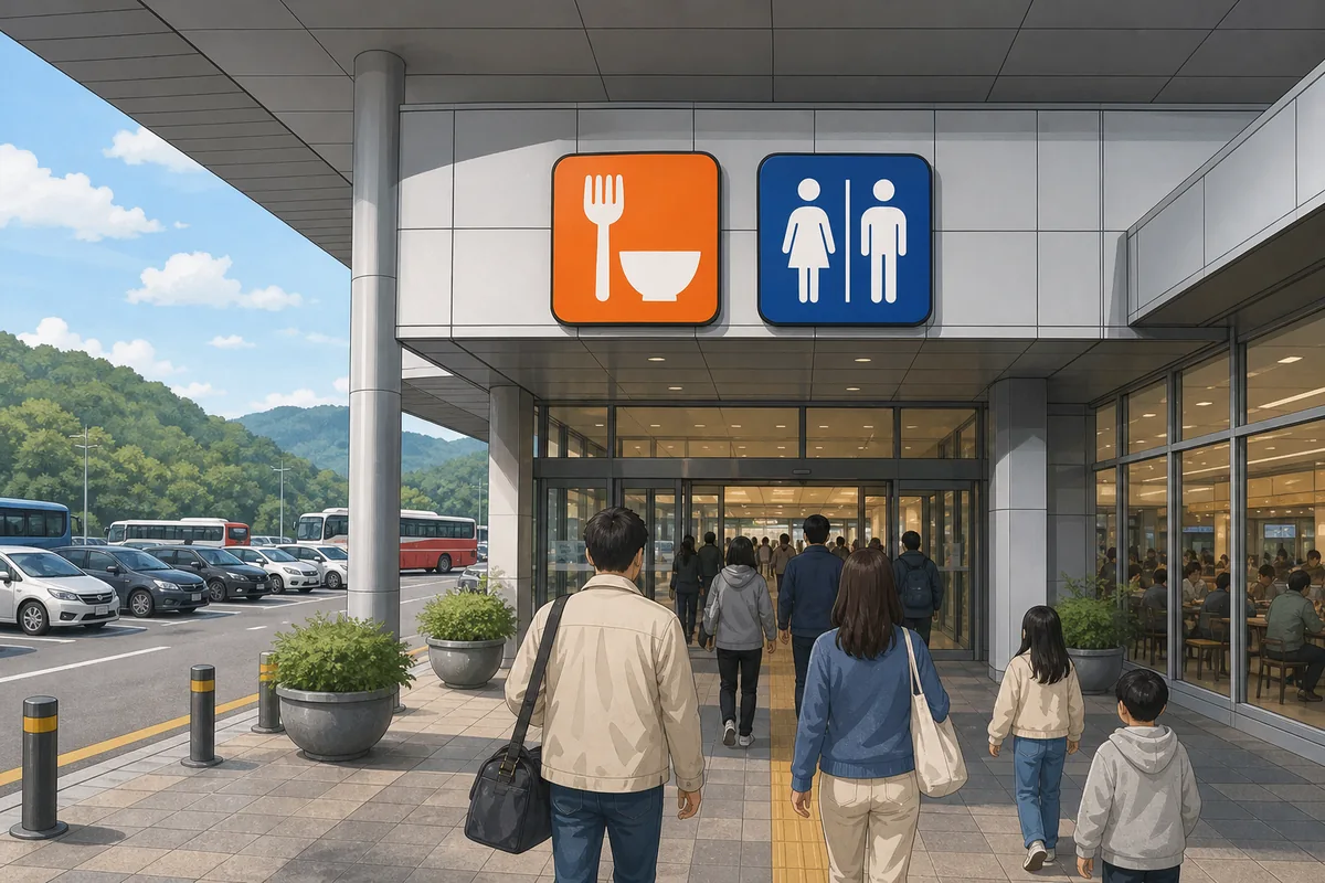 korean highway rest areas explained Highway rest areas entrance with signs pointing to the food court and toilets in Korea