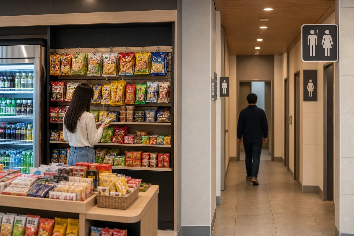 Snack shop and restroom signs inside a Korean highway rest area