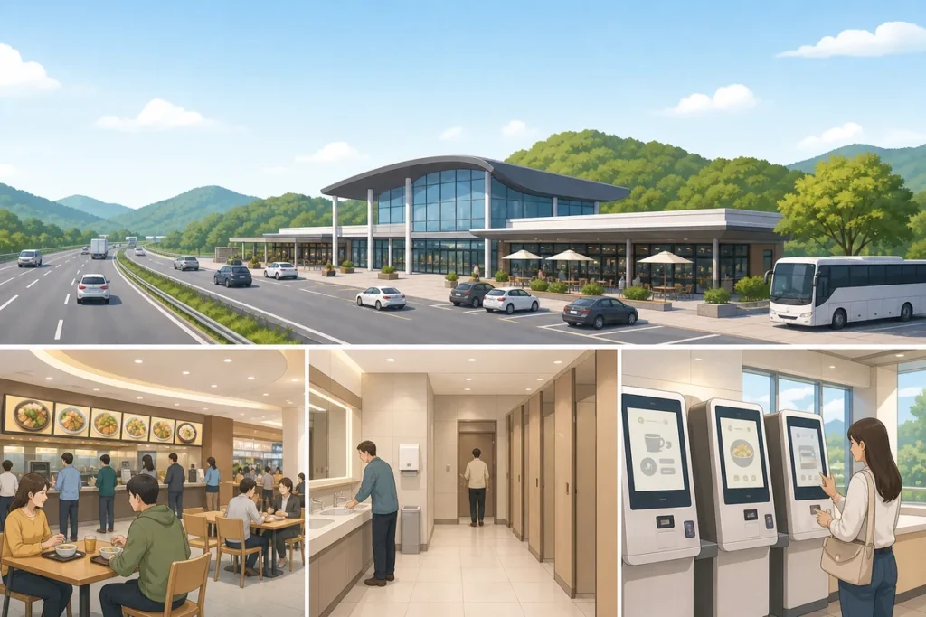korean highway rest areas explained Highway rest areas guide showing food court, toilets, and self-service ordering in Korea