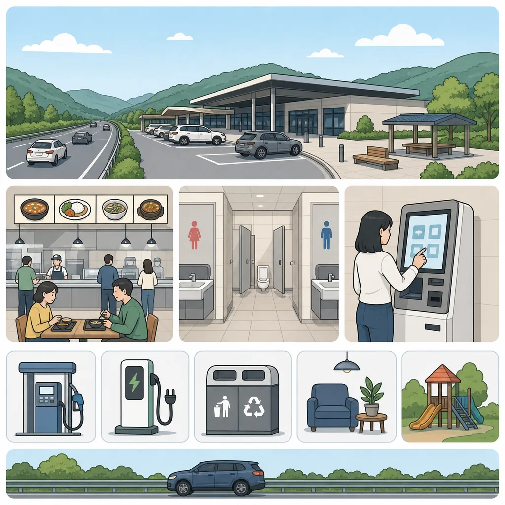 Step-by-step layout of highway rest areas: parking, food court, kiosk, toilets, and snack shop