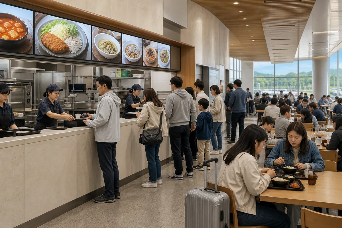 korean highway rest stops explained A busy Korean highway rest stop food court showing highway rest stops food counters, menu boards, and travelers ordering