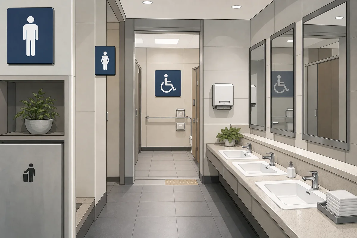 Clean restroom area inside highway rest stops in Korea with clear signs and sink stations
