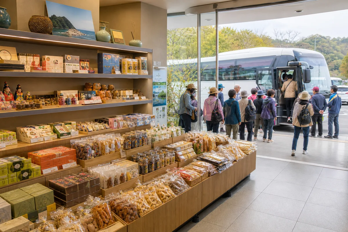 Regional specialty snacks and souvenirs displayed at highway rest stops beside a bus traveler area