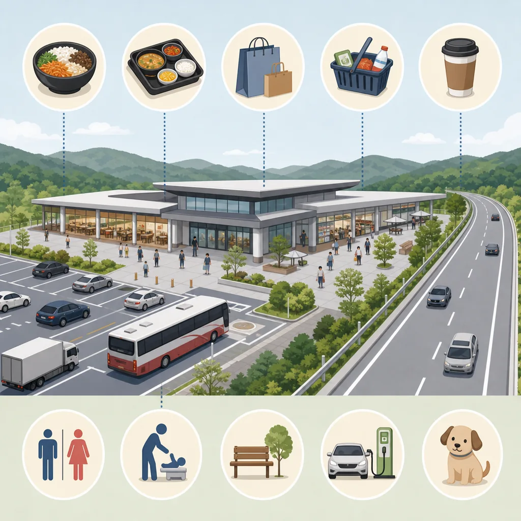 highway rest stops guide showing food, toilets, shopping, and bus stop timing in Korea