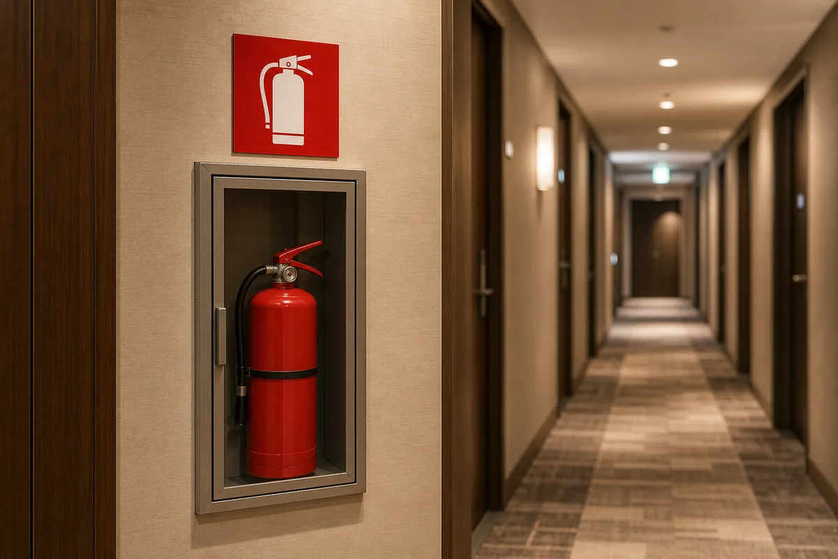 korean hotel fire safety signs explained hotel fire safety signs in a corridor with a red 소화기 cabinet near the stairwell