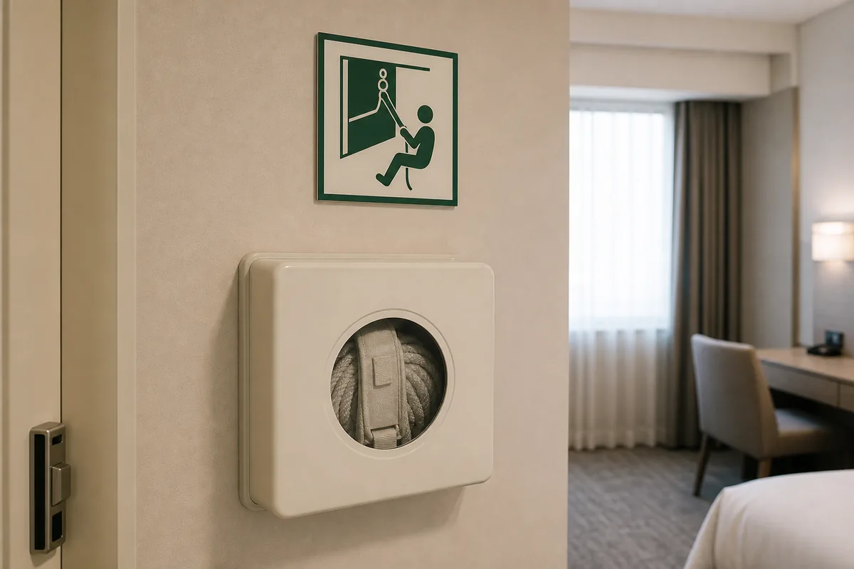 완강기 hotel fire safety sign beside an upper-floor window and wall cabinet