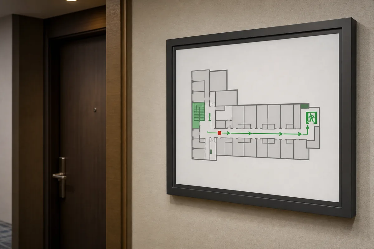대피도 evacuation map on a hotel door showing exits and stair routes