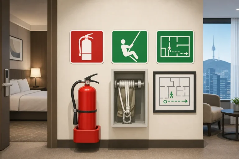 Korean Hotel Fire Safety Signs Explained: 소화기, 완강기, and 대피도