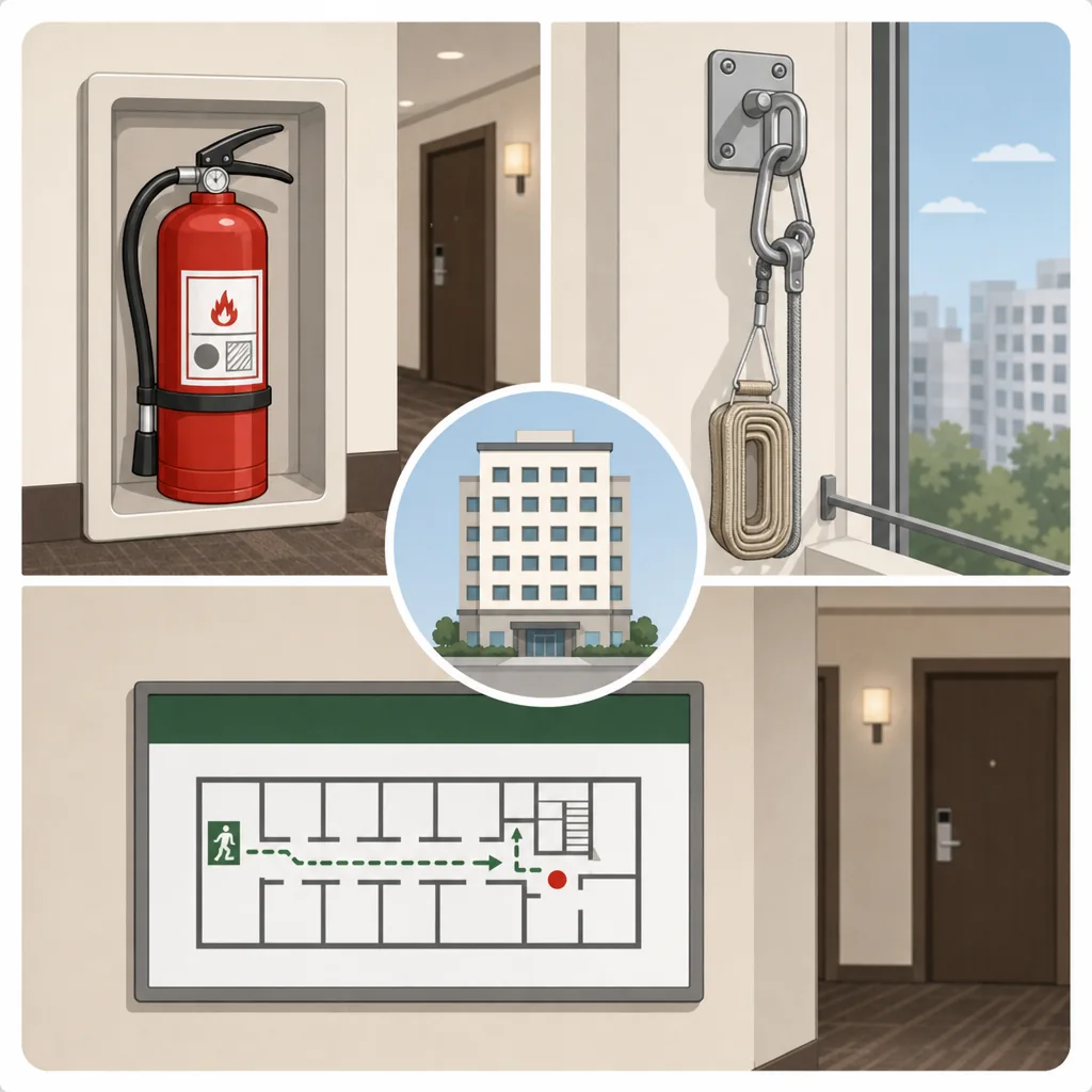 hotel fire safety signs cheat sheet for 소화기, 완강기, 대피도, 비상구, and 비상계단