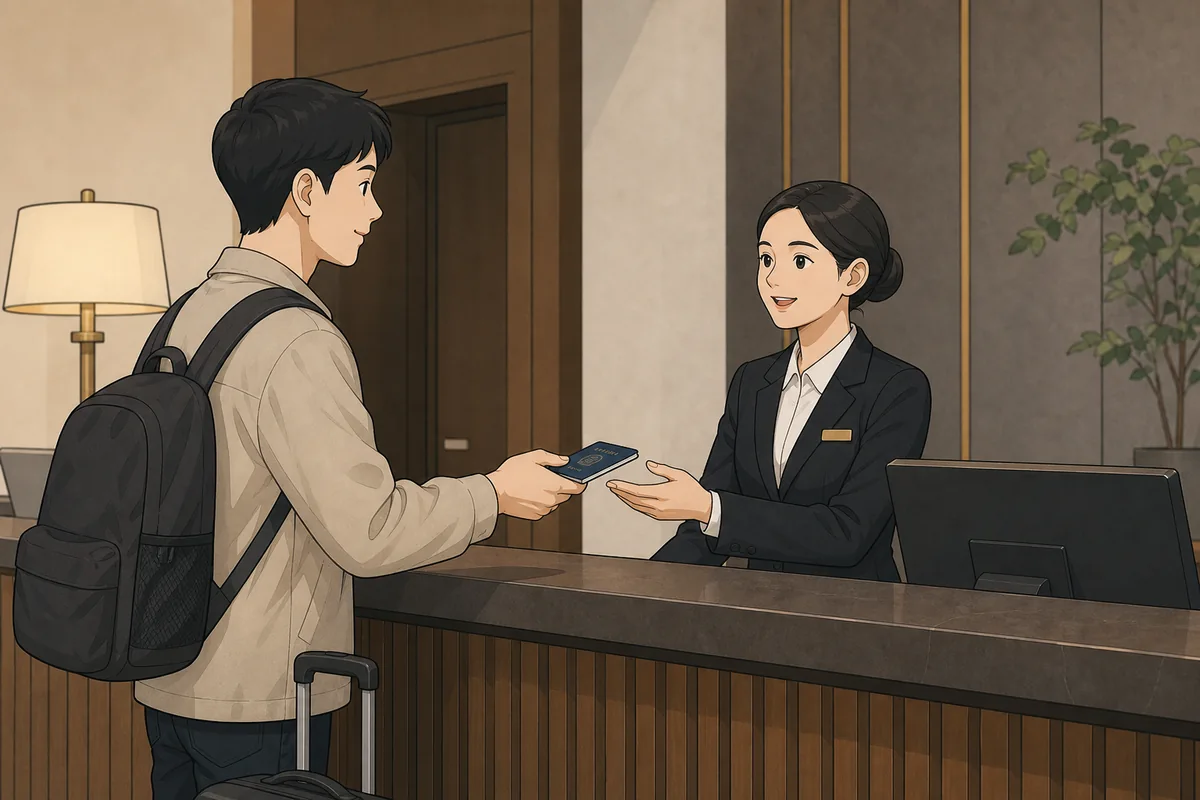 korean hotel phrases shown on a phone at the hotel front desk during check-in