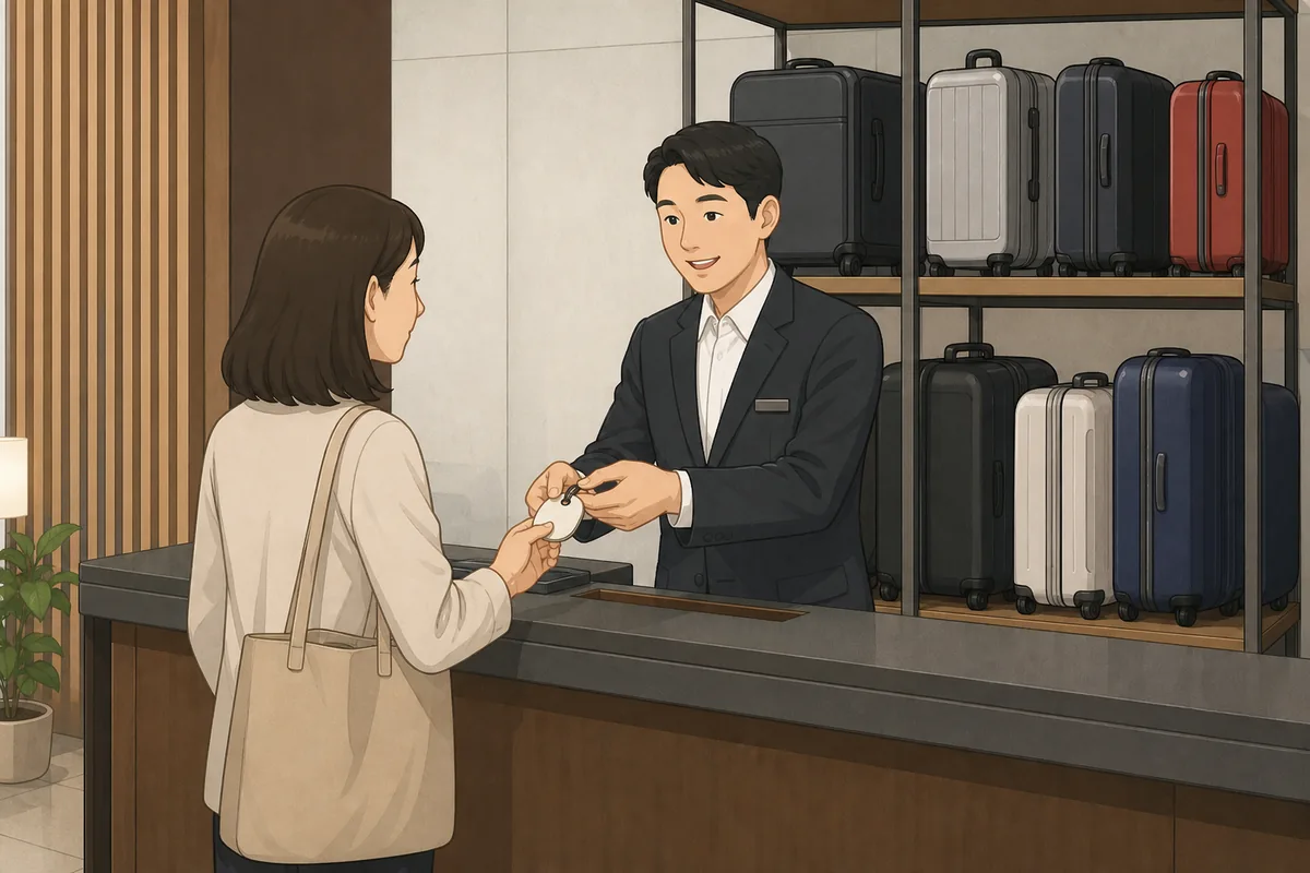 korean hotel phrases for luggage storage at a hotel lobby counter with suitcase tags