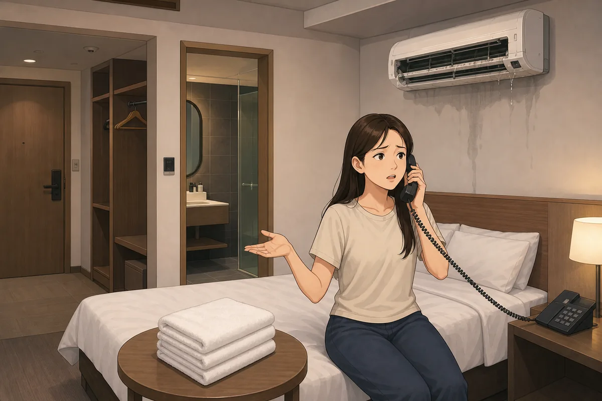korean hotel phrases for reporting a room problem and requesting towels in a hotel room