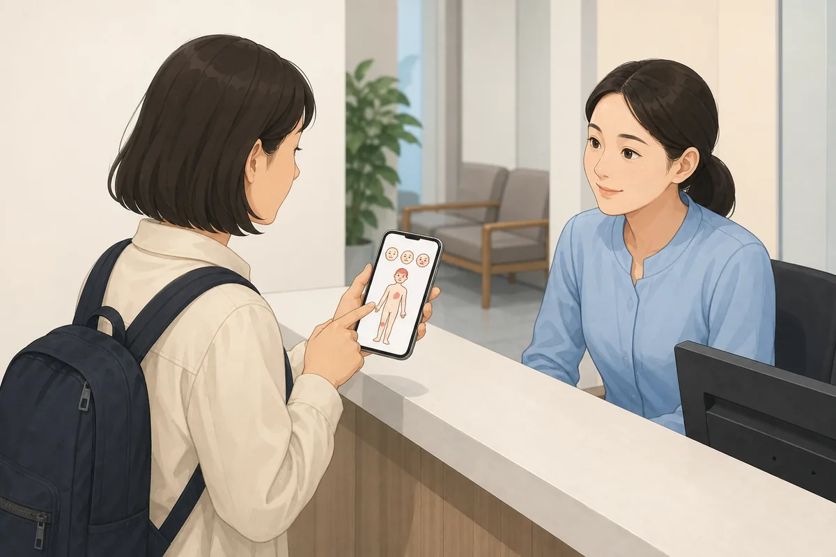 Korean medical phrases to describe body parts, pain level, and symptom duration at a clinic reception