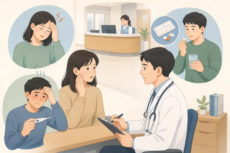 Korean medical phrases for pain, fever, medicine, and seeing a doctor shown on a phone at a clinic desk
