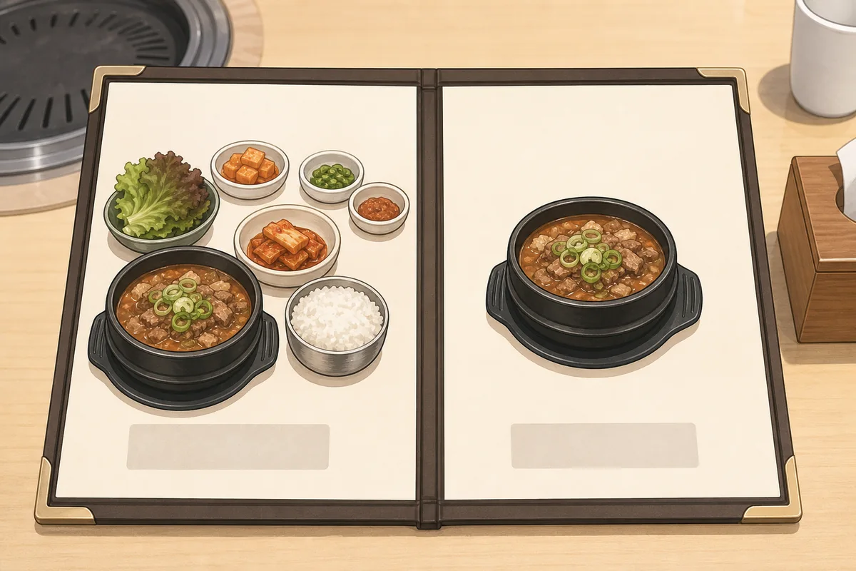 korean menu structure example showing 세트 and 단품 side by side on a menu board