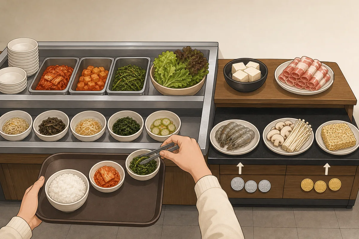 korean menu structure signs for 추가 and 반찬 with side dishes and extra charge labels