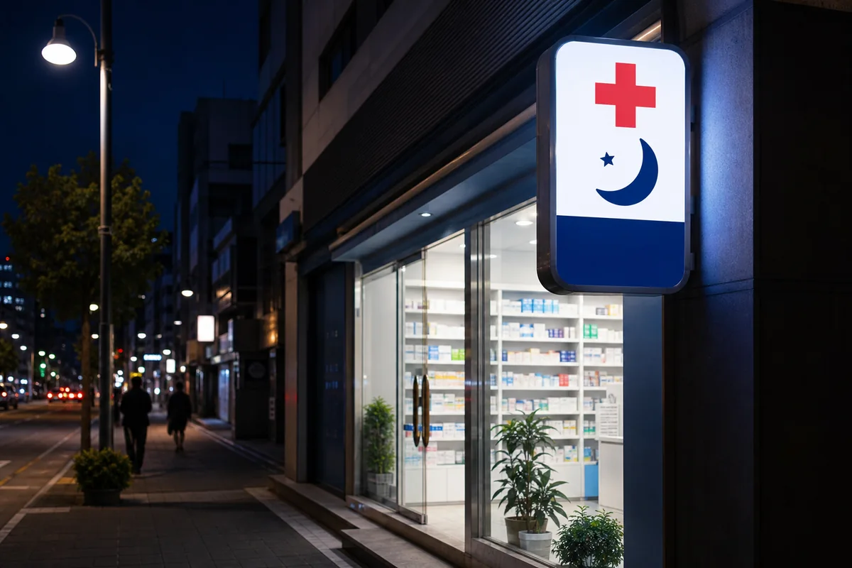 korean night pharmacy signs explained night pharmacy signs close-up with 야간약국 and posted hours on a Korean pharmacy door