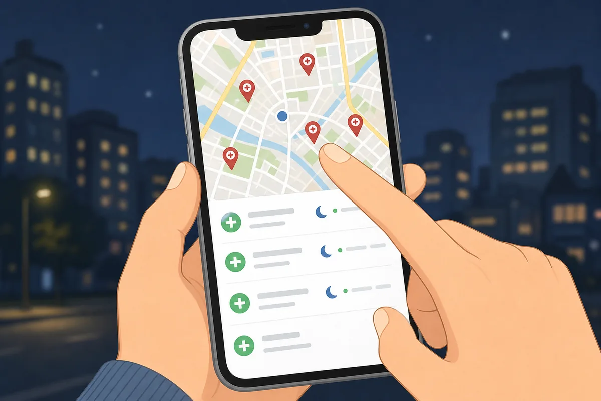 phone screen checking night pharmacy signs on Naver Maps for nearby pharmacies