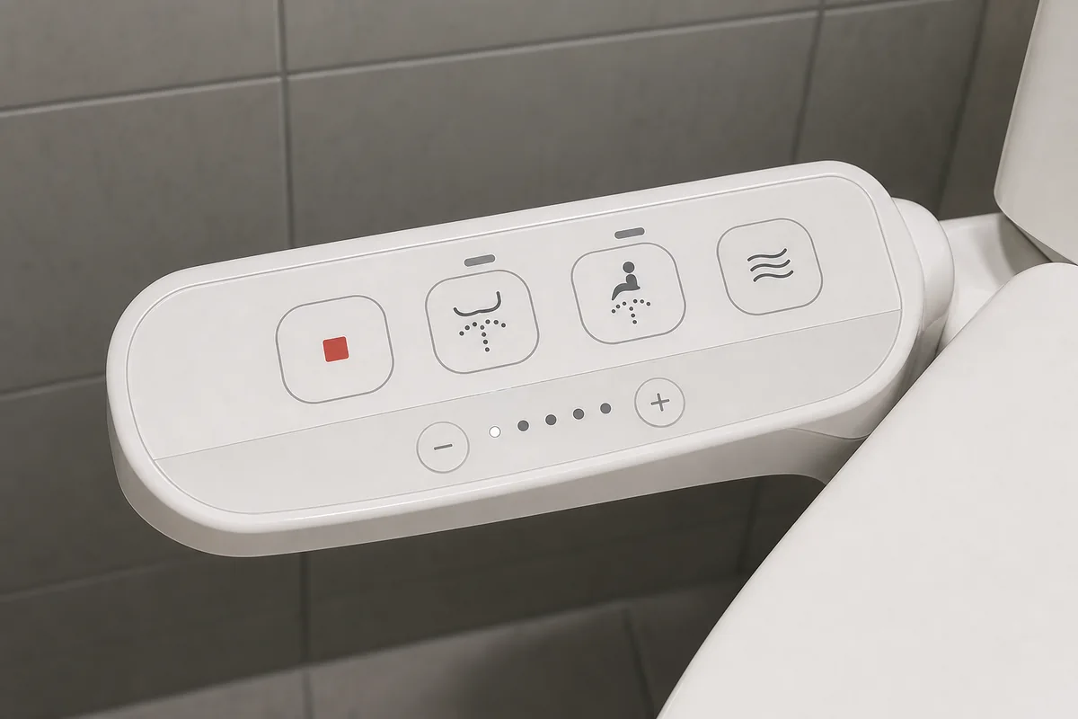 close-up of a Korean bidet panel with stop, wash, and dry buttons used in korean public toilets