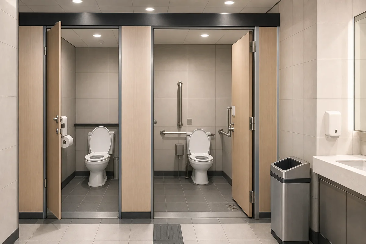 korean public toilets corridor with a regular stall, accessible toilet stall, and trash bin near the sink
